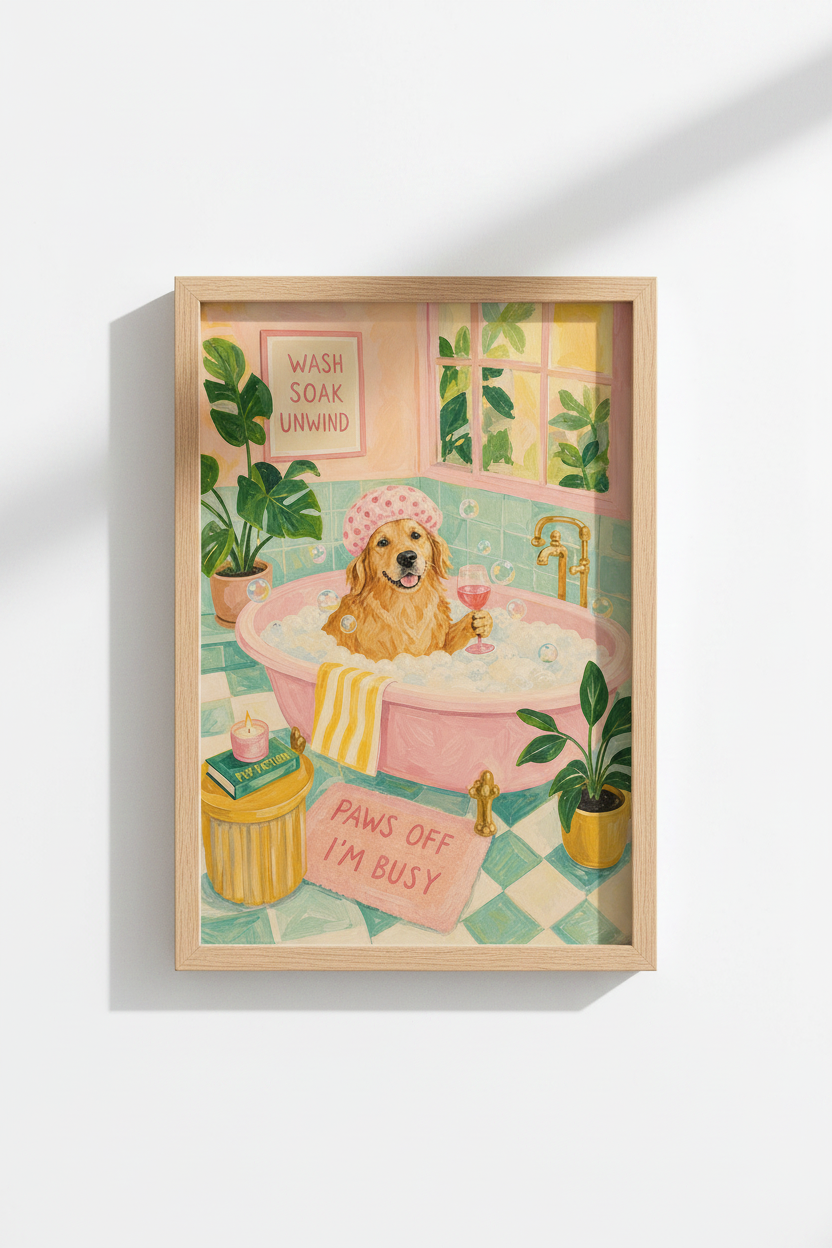 Golden Retriever Bathroom Art Print | Funny Dog Bath Decor | Preppy Pink Poster