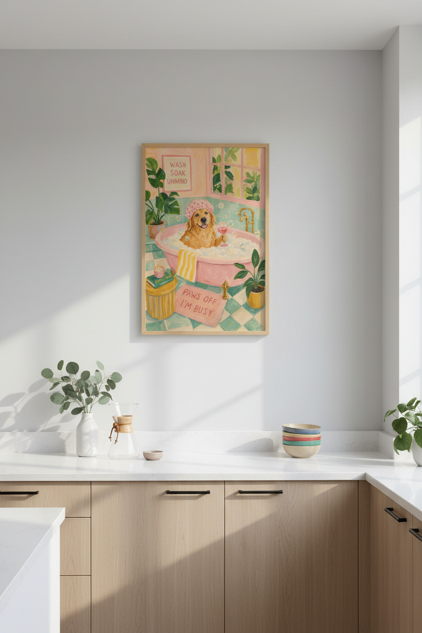 Golden Retriever Bathroom Art Print | Funny Dog Bath Decor | Preppy Pink Poster
