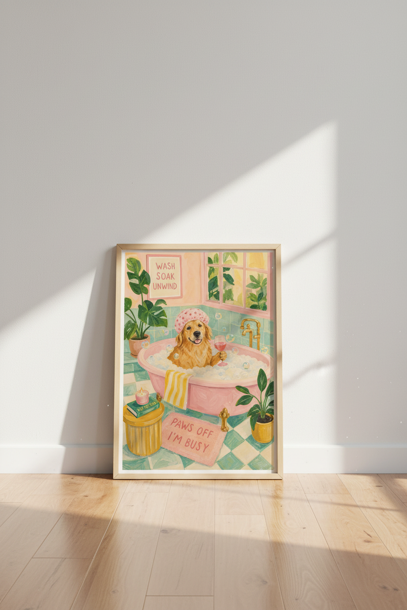 Golden Retriever Bathroom Art Print | Funny Dog Bath Decor | Preppy Pink Poster