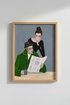 Modernist Wall Art | Bold Green Coat, Gray Backdrop, Reading Scene | Living Room Decor