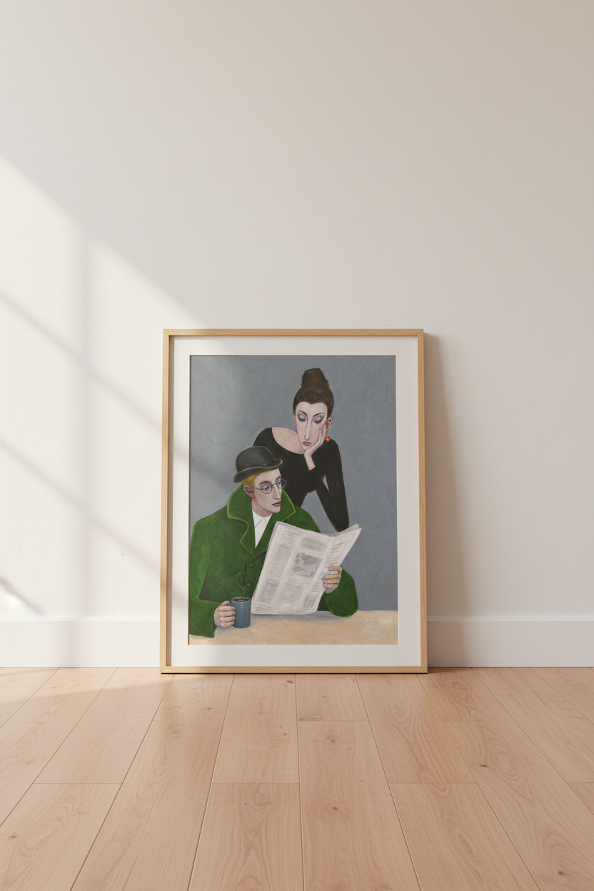 Modernist Wall Art | Bold Green Coat, Gray Backdrop, Reading Scene | Living Room Decor