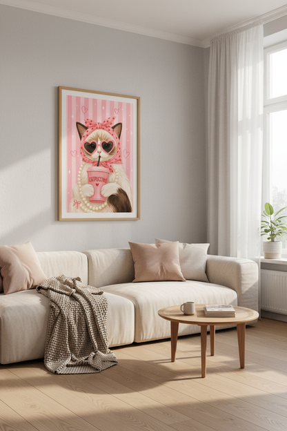 Pink Cat Wall Art Print | Cute Coquette Aesthetic, Girly Coffee Decor Poster