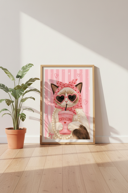 Pink Cat Wall Art Print | Cute Coquette Aesthetic, Girly Coffee Decor Poster
