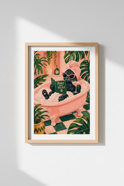 Funny Bathroom Cat Wall Art | Pink Aesthetic Decor, Black Cat in Bathtub Poster
