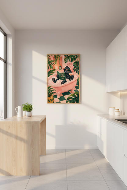 Funny Bathroom Cat Wall Art | Pink Aesthetic Decor, Black Cat in Bathtub Poster