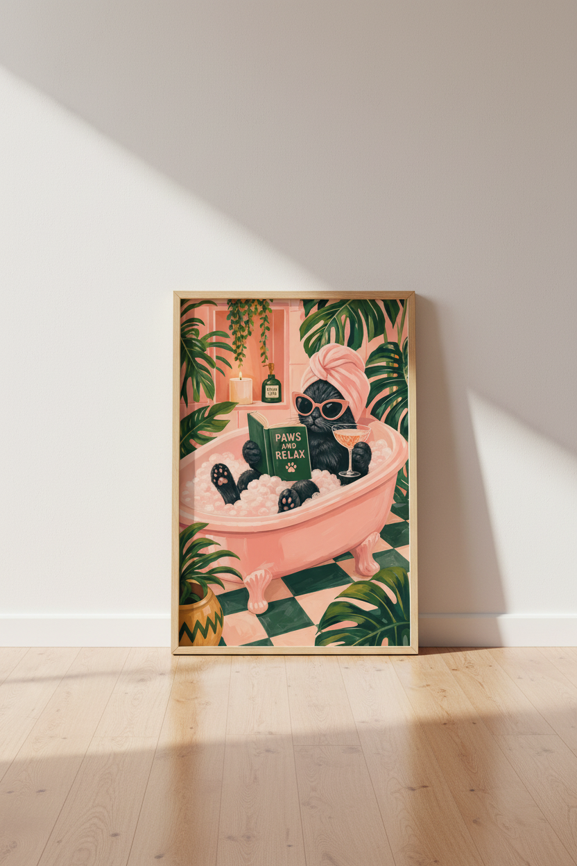 Funny Bathroom Cat Wall Art | Pink Aesthetic Decor, Black Cat in Bathtub Poster