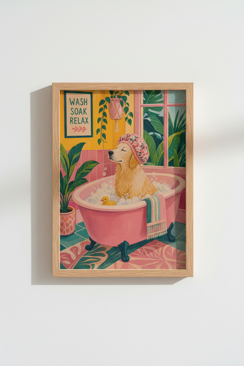Golden Retriever Bathroom Wall Art Print | Colorful Dog Decor | Whimsical Pet Poster