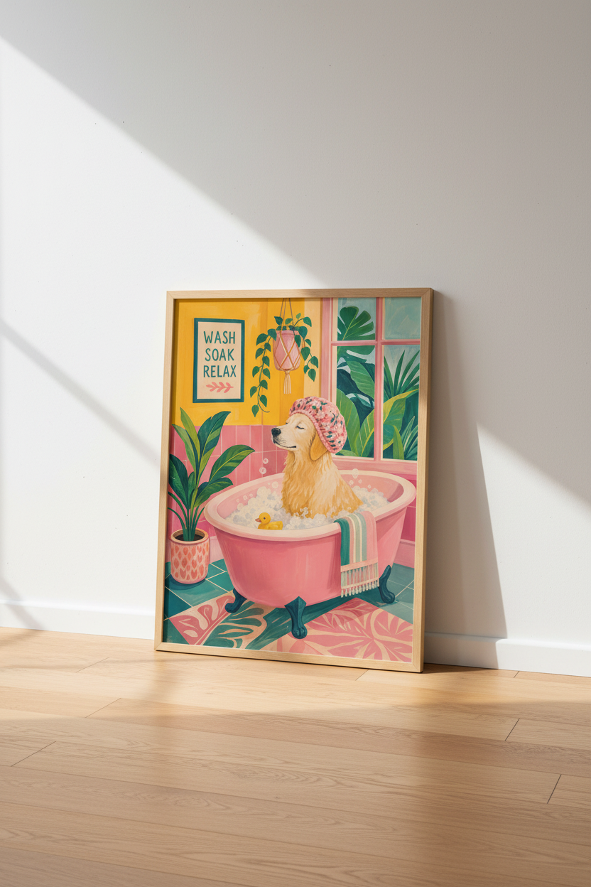 Golden Retriever Bathroom Wall Art Print | Colorful Dog Decor | Whimsical Pet Poster