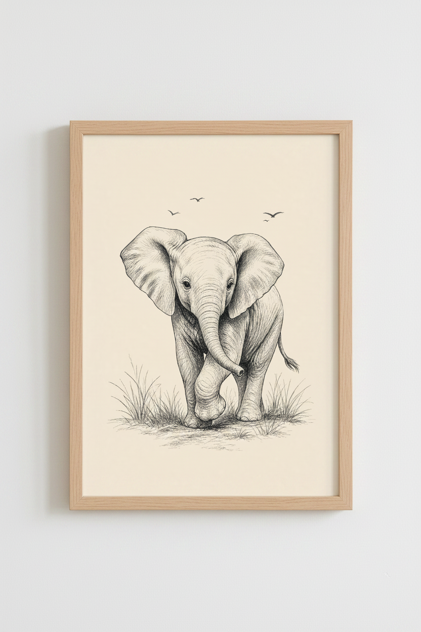 Baby Elephant Sketch Wall Art | Safari Nursery Decor | Minimalist Animal Poster