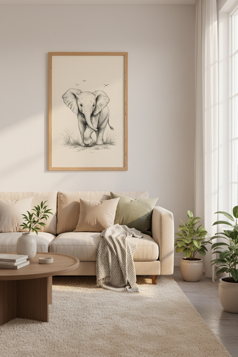 Baby Elephant Sketch Wall Art | Safari Nursery Decor | Minimalist Animal Poster