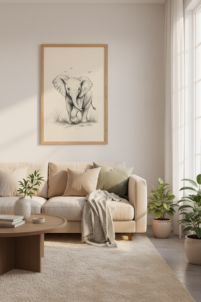 Baby Elephant Sketch Wall Art | Safari Nursery Decor | Minimalist Animal Poster