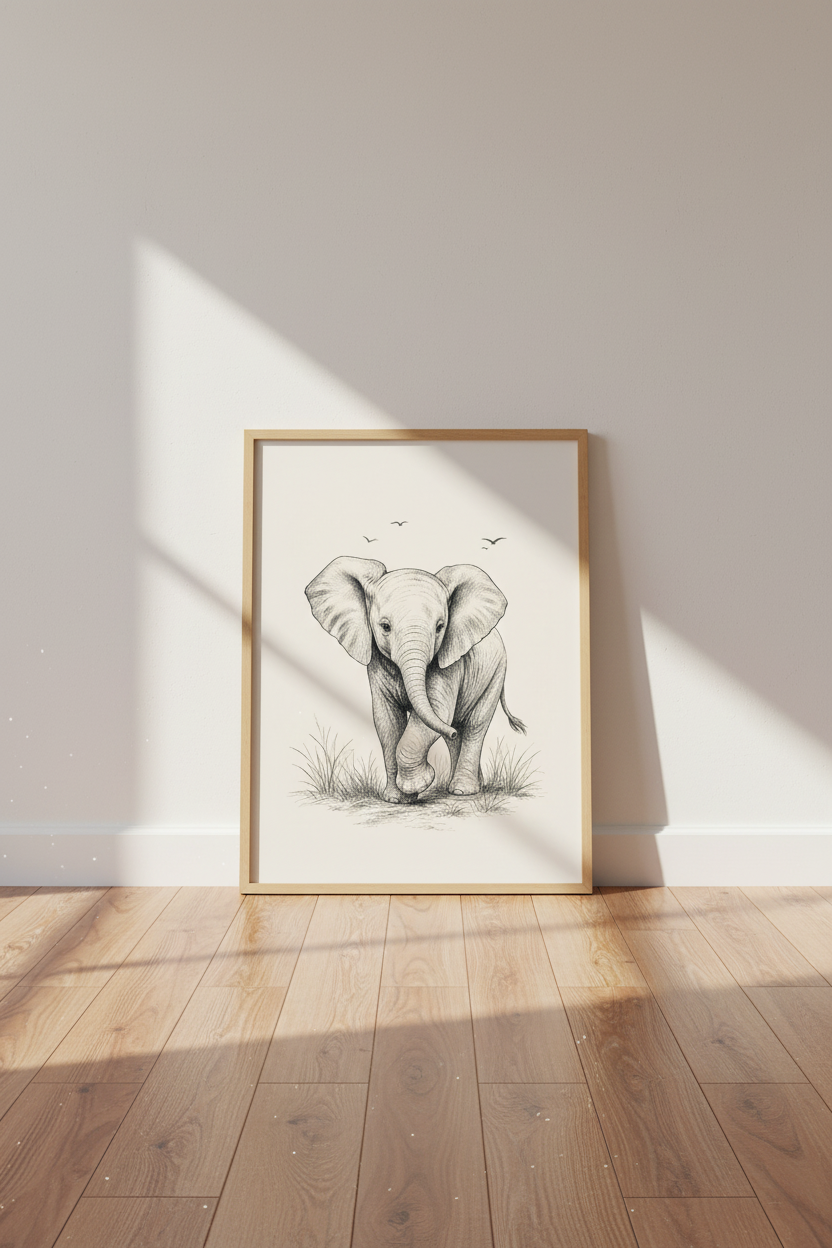 Baby Elephant Sketch Wall Art | Safari Nursery Decor | Minimalist Animal Poster