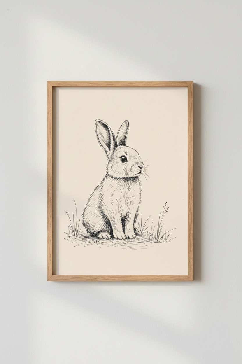 Rabbit Ink Sketch Wall Art Print | Neutral Nursery Decor | Vintage Bunny Poster