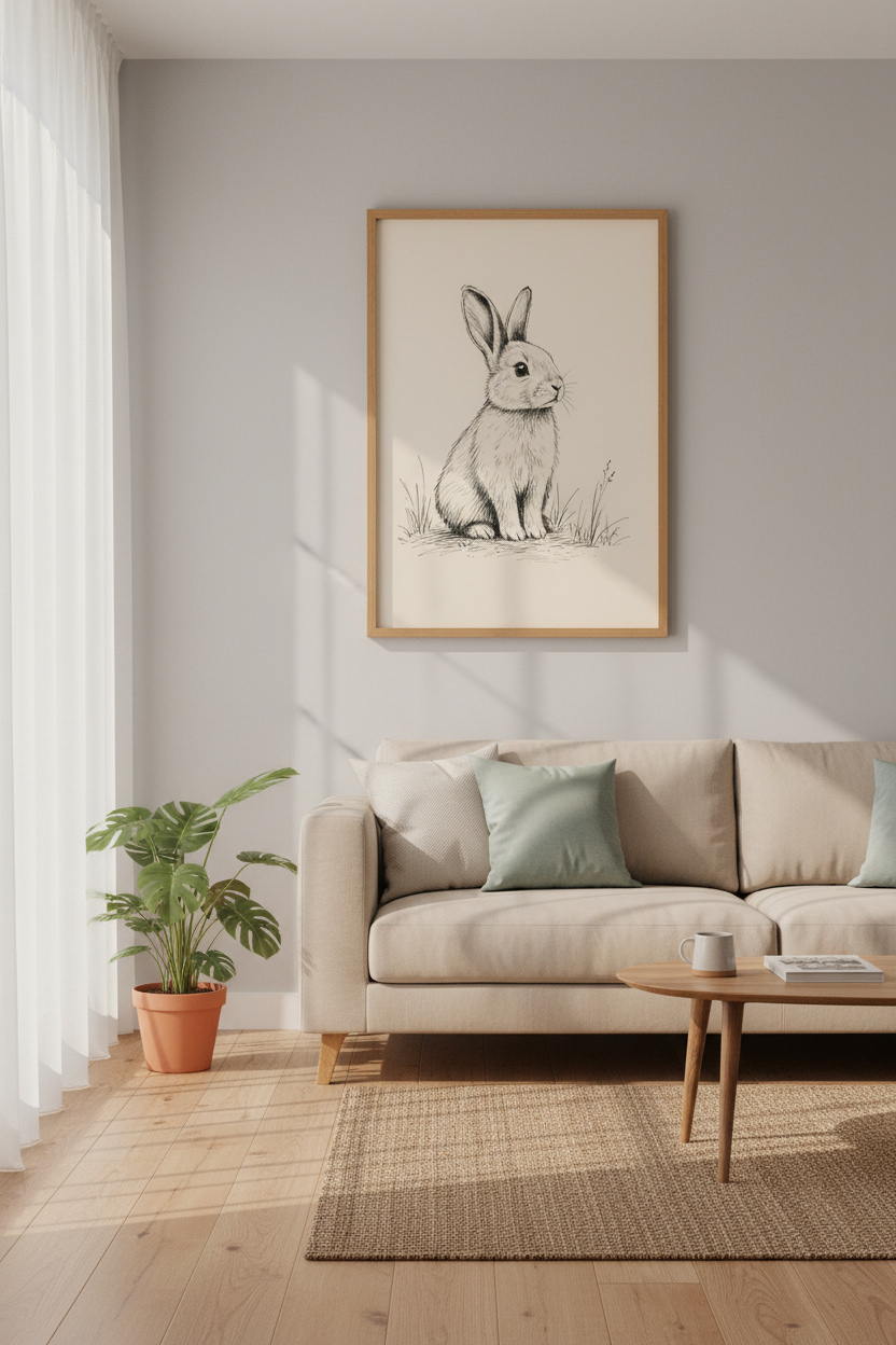 Rabbit Ink Sketch Wall Art Print | Neutral Nursery Decor | Vintage Bunny Poster