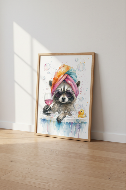 Raccoon in Bathtub Wall Art | Funny Watercolor Print, Sassy Bathroom Decor