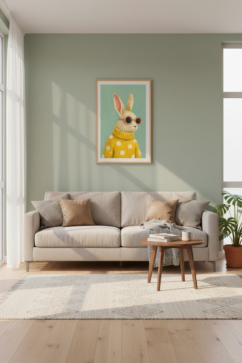 Bunny in Sweater Wall Art | Yellow &amp; Teal Animal Portrait, Nursery Decor