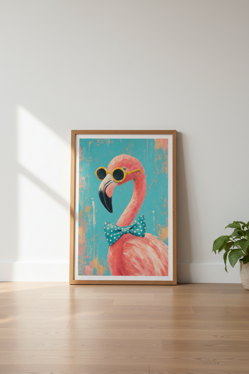 Flamingo in Sunglasses Wall Art | Tropical Bathroom Decor | Maximalist Poster