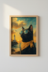 Nautical Black Cat Print | Coastal Lighthouse Decor | Sunset Oil Painting Style Poster