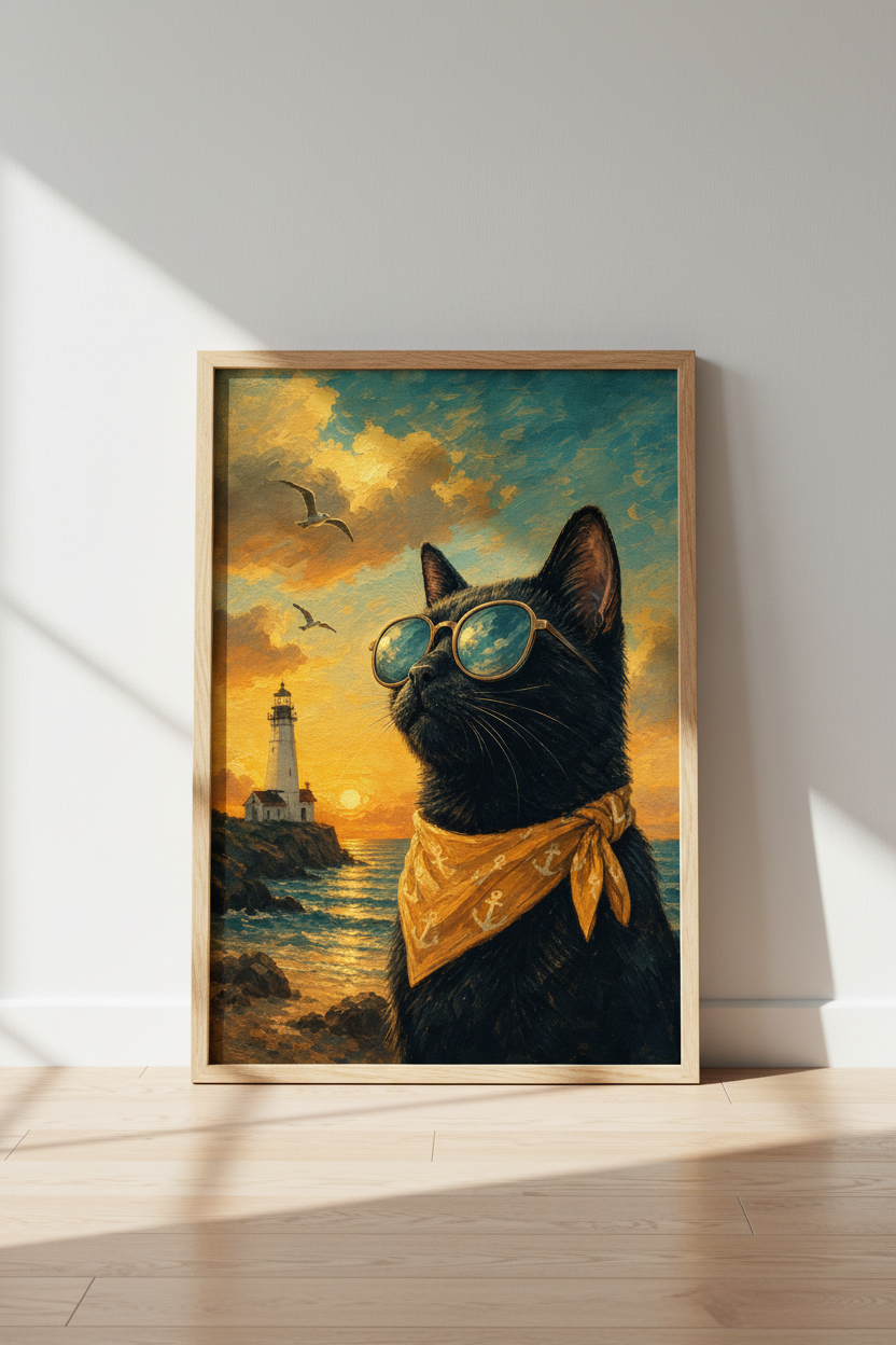 Nautical Black Cat Print | Coastal Lighthouse Decor | Sunset Oil Painting Style Poster