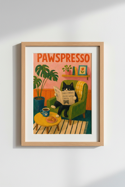 Cat Coffee Bar Poster | Whimsical Tuxedo Cat Kitchen Decor | Eclectic Home Art