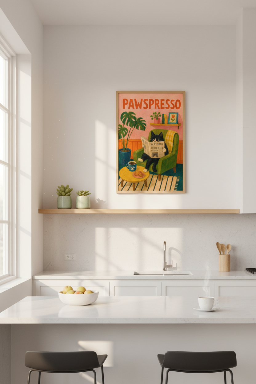 Cat Coffee Bar Poster | Whimsical Tuxedo Cat Kitchen Decor | Eclectic Home Art