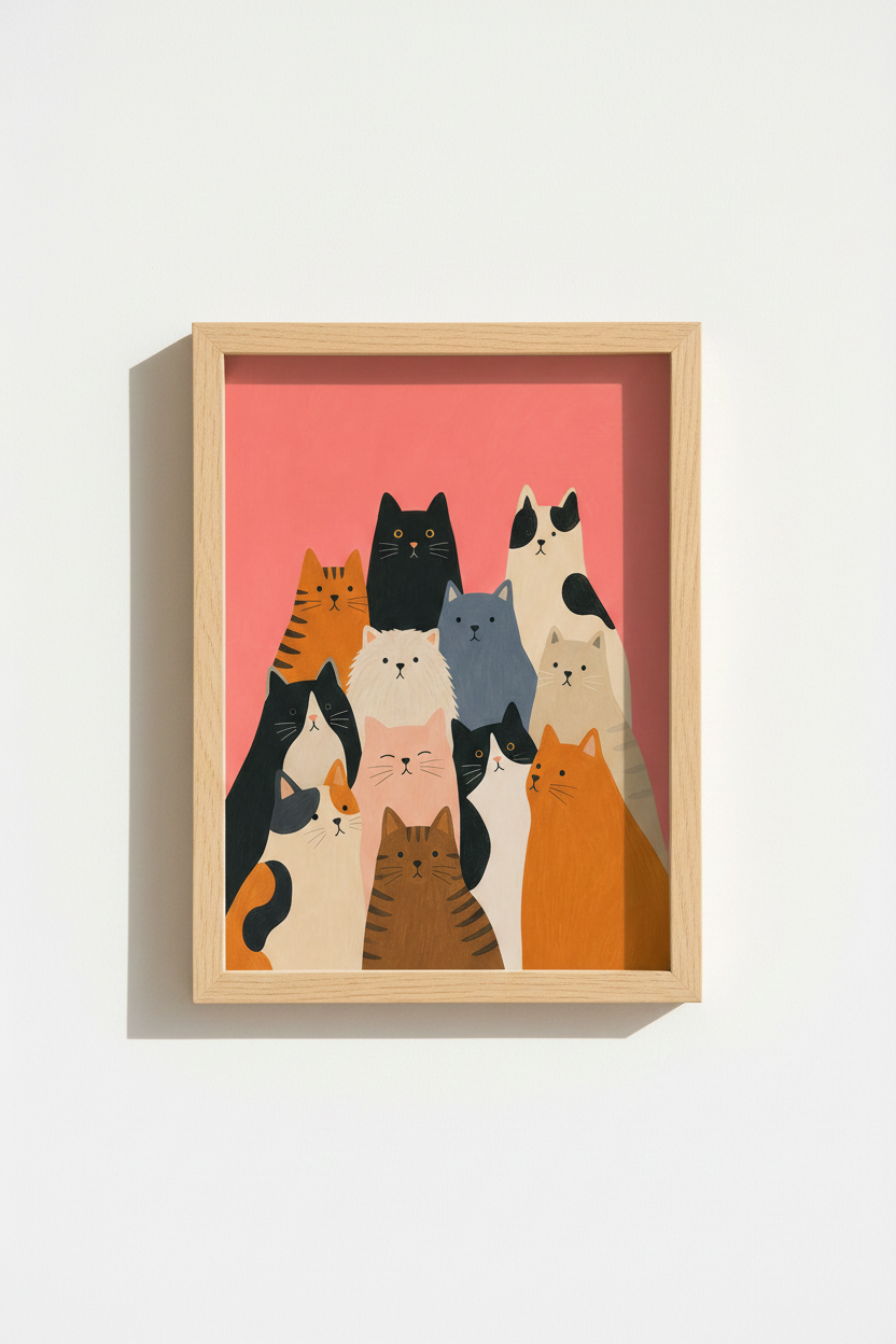 Colorful Cat Wall Art Print | Pink Nursery Decor | Whimsical Illustration Poster