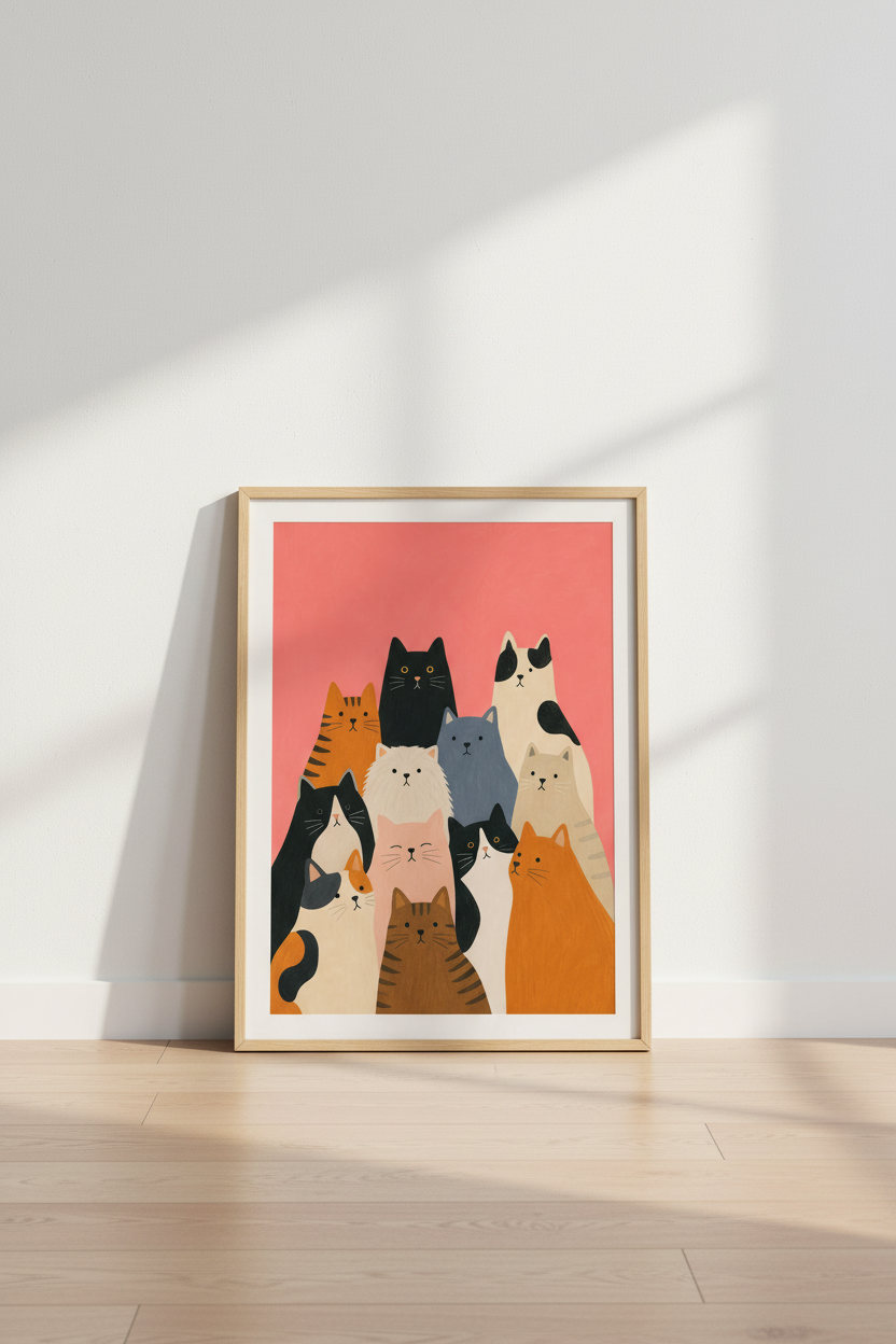 Colorful Cat Wall Art Print | Pink Nursery Decor | Whimsical Illustration Poster