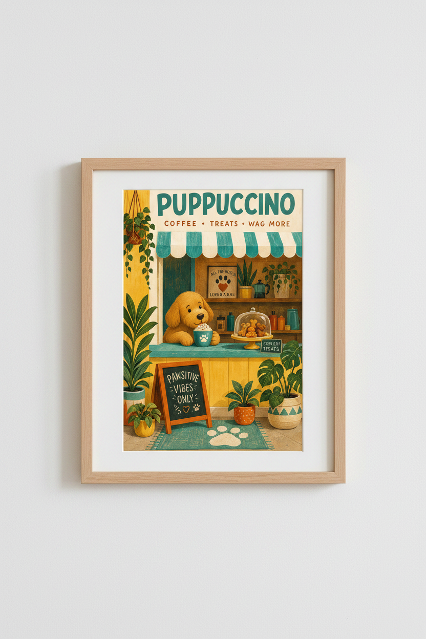 Puppuccino Dog Wall Art | Cute Coffee Puppy Poster | Whimsical Pet Decor