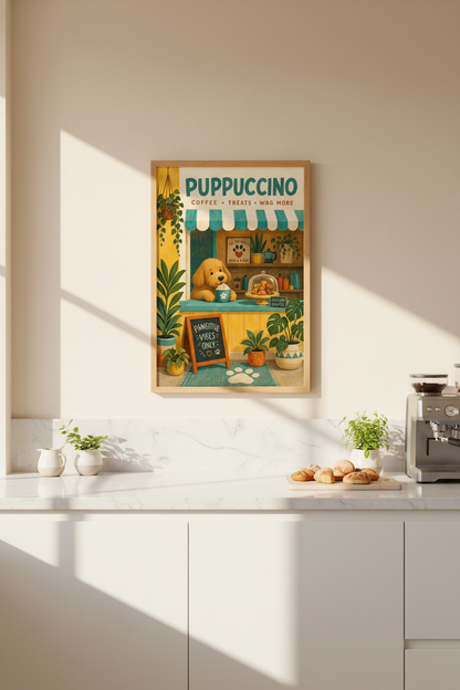 Puppuccino Dog Wall Art | Cute Coffee Puppy Poster | Whimsical Pet Decor