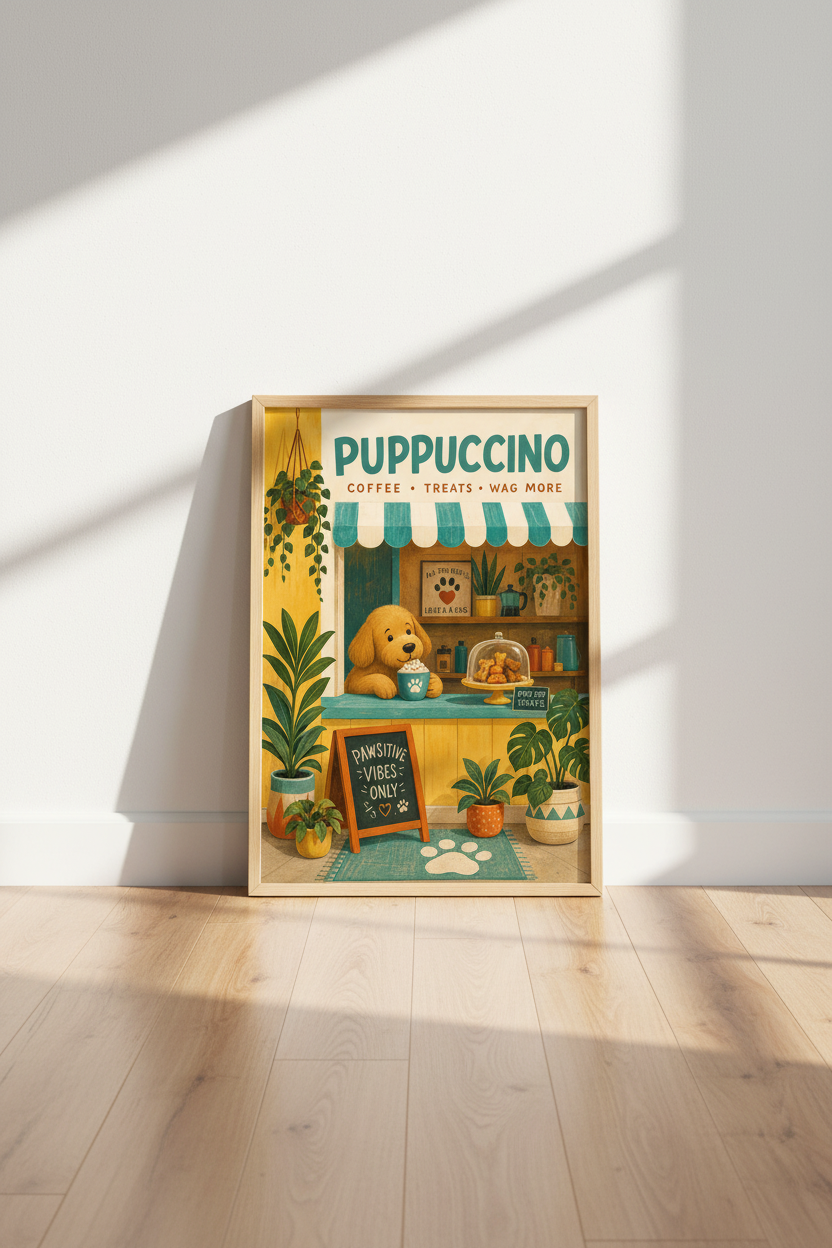 Puppuccino Dog Wall Art | Cute Coffee Puppy Poster | Whimsical Pet Decor