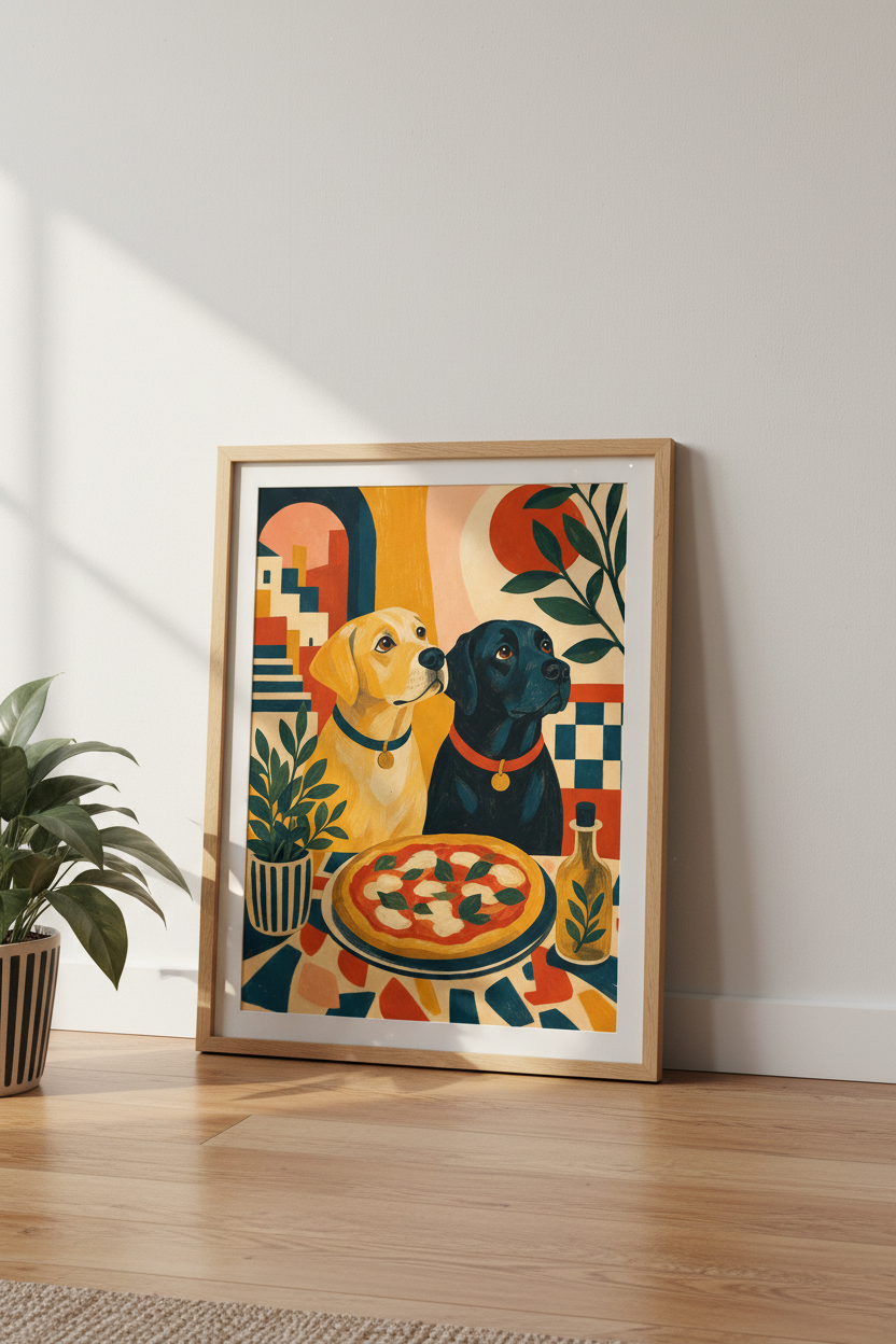 Labrador Dogs Pizza Wall Art Print | Kitchen Dining Decor | Mid Century Poster