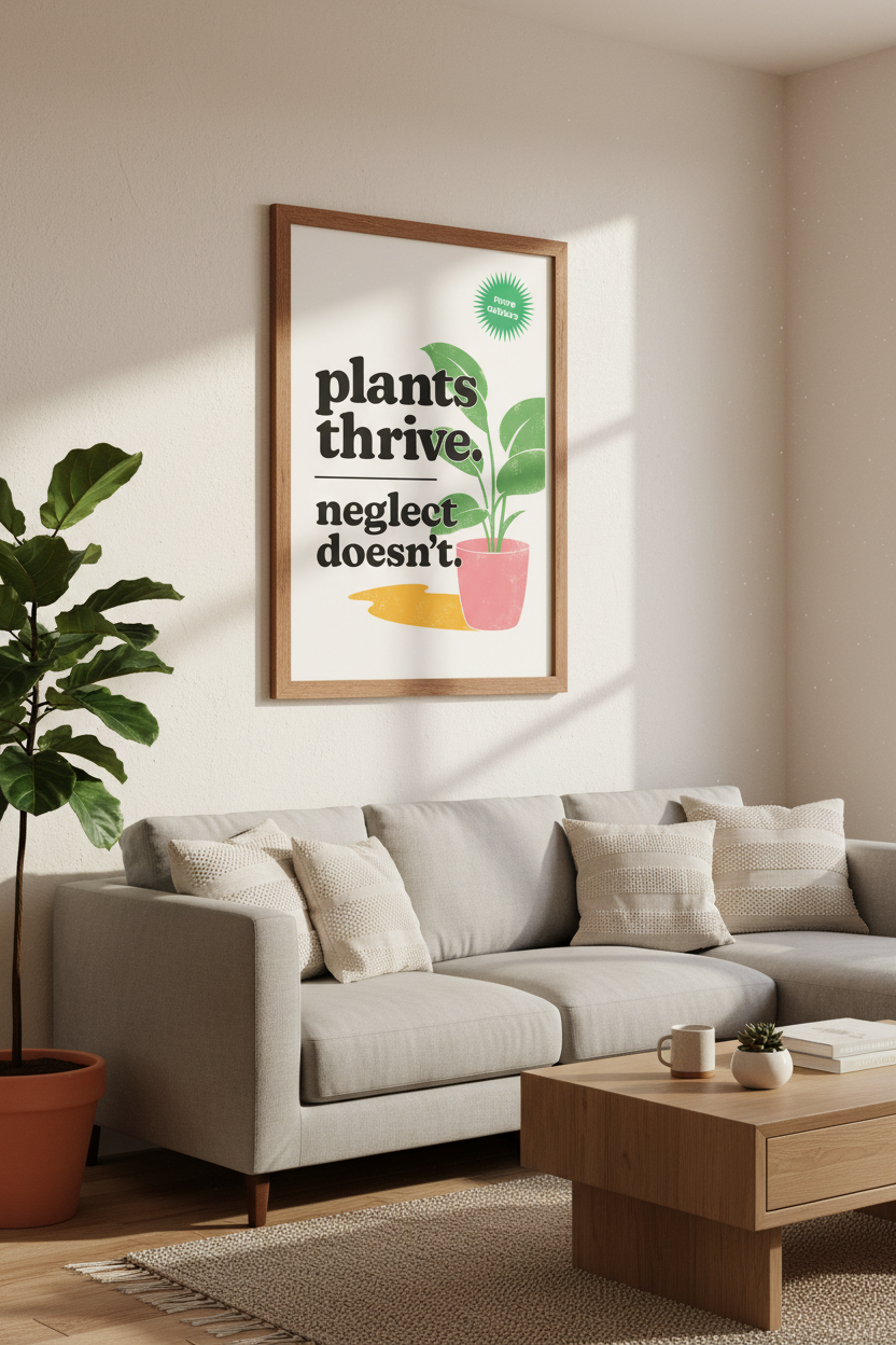 Plants Thrive Typographic Wall Art | Retro Pink &amp; Green, Home Office Decor