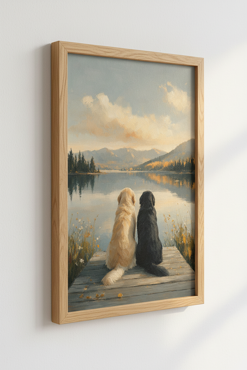 Golden &amp; Black Dog Lake View Art | Impressionist Mountain Print, Rustic Cabin Decor