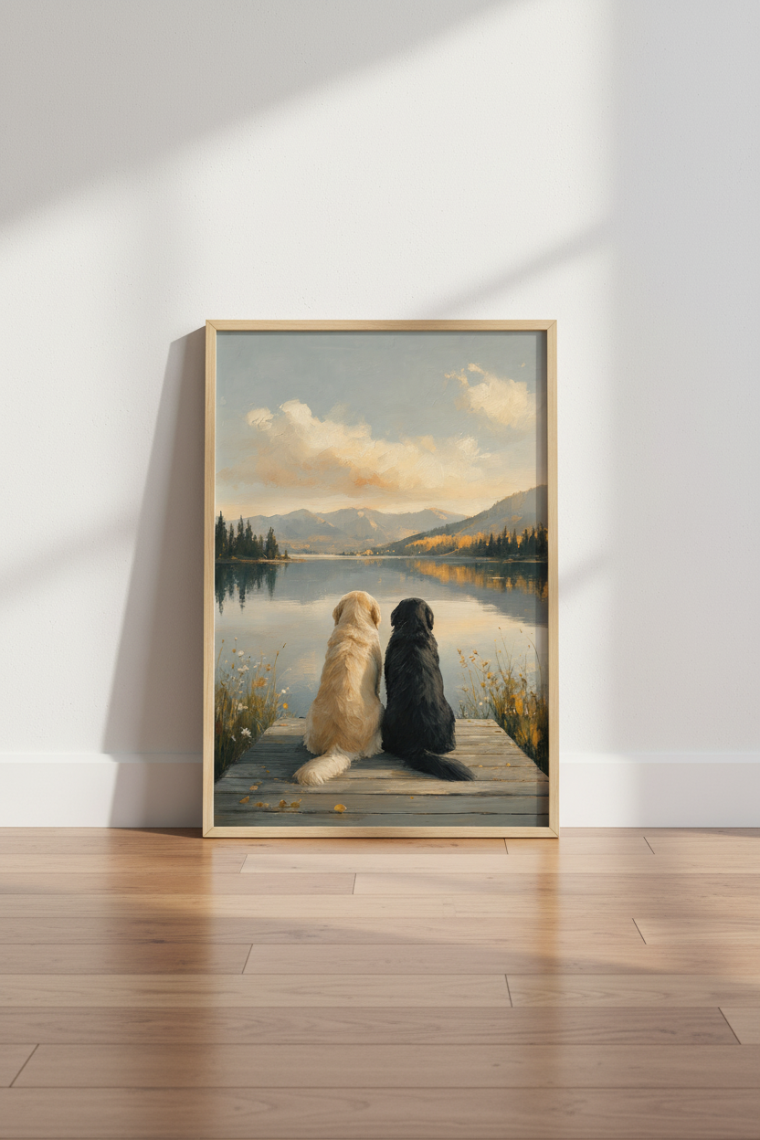 Golden &amp; Black Dog Lake View Art | Impressionist Mountain Print, Rustic Cabin Decor