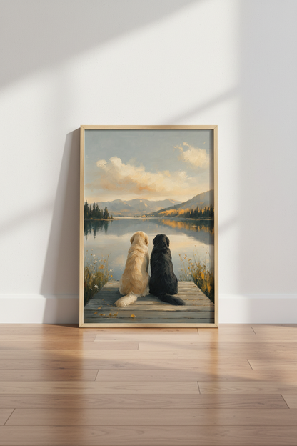 Golden &amp; Black Dog Lake View Art | Impressionist Mountain Print, Rustic Cabin Decor