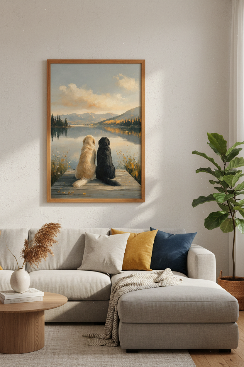 Golden &amp; Black Dog Lake View Art | Impressionist Mountain Print, Rustic Cabin Decor