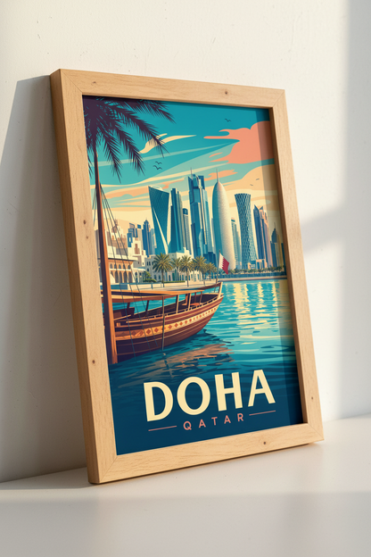Doha Qatar Skyline Travel Poster | Modern Middle East Wall Art, Living Room Decor