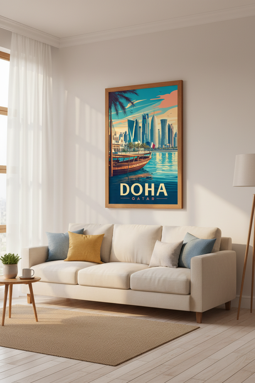 Doha Qatar Skyline Travel Poster | Modern Middle East Wall Art, Living Room Decor