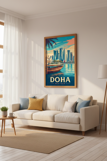 Doha Qatar Skyline Travel Poster | Modern Middle East Wall Art, Living Room Decor
