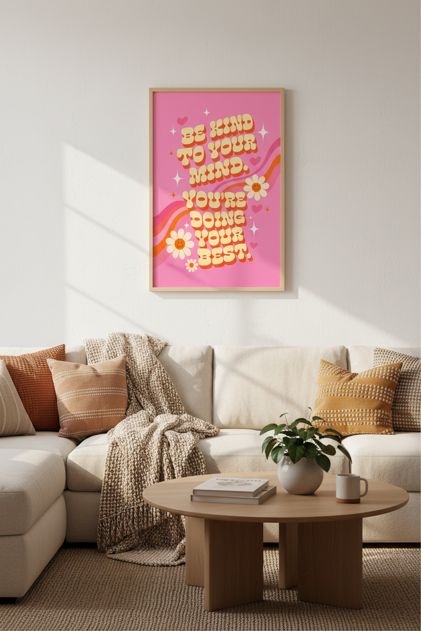 Be Kind To Your Mind Retro Quote Print | Pink Groovy Dorm Decor | Mental Health Poster