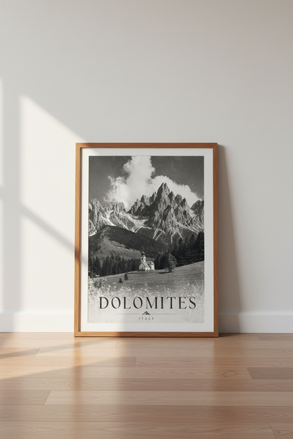 Dolomites Italy Mountain Wall Art Print | Vintage Black &amp; White Travel Poster