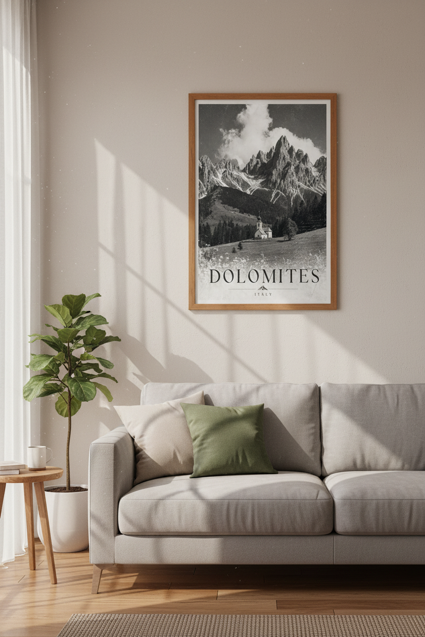 Dolomites Italy Mountain Wall Art Print | Vintage Black &amp; White Travel Poster