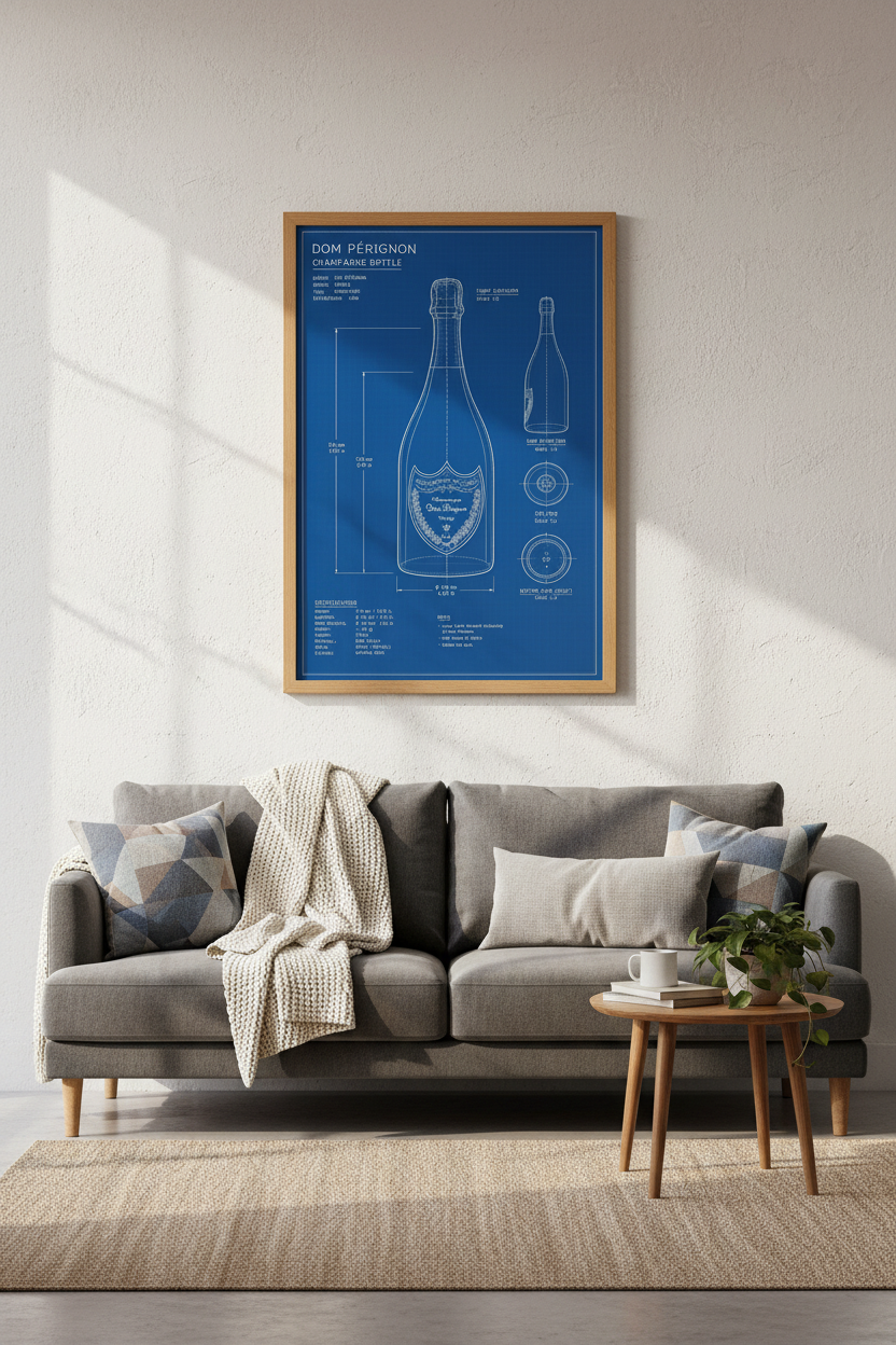 Champagne Bottle Blueprint Wall Art | Dom Perignon Poster, Blue Bar Decor