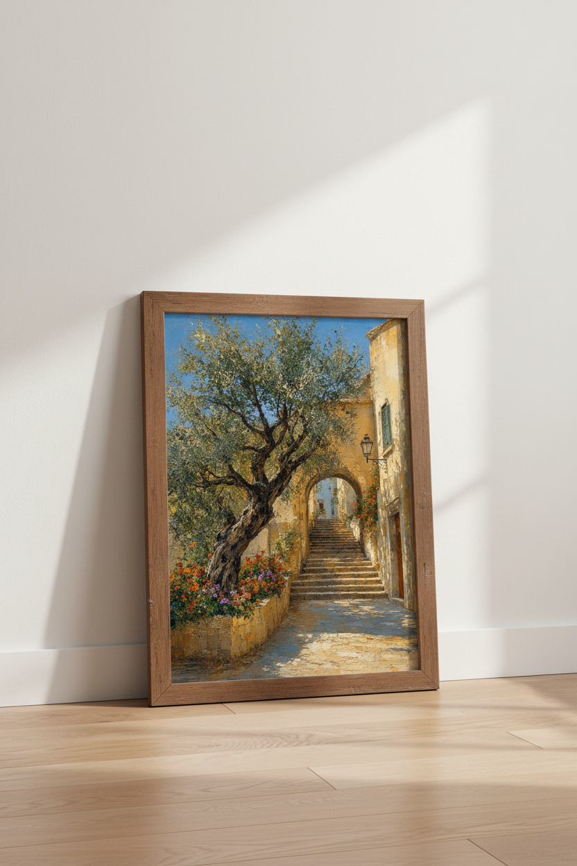 Mediterranean Village Oil Painting | Sun-Drenched Italian Alley, Living Room Decor Art