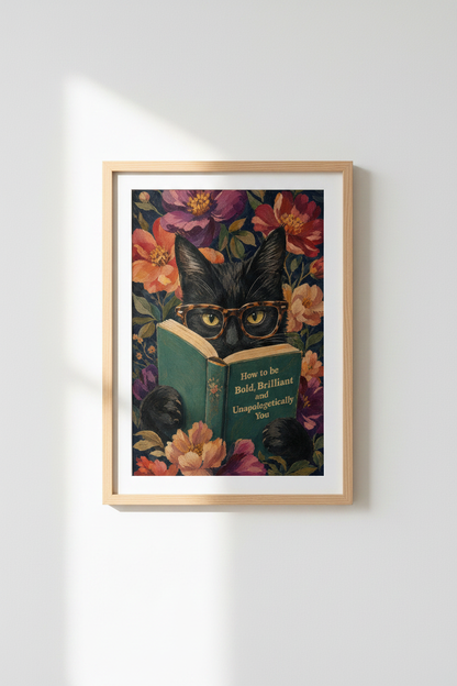 Black Cat Art Print | Moody Floral Dark Academia, Reading Room Decor