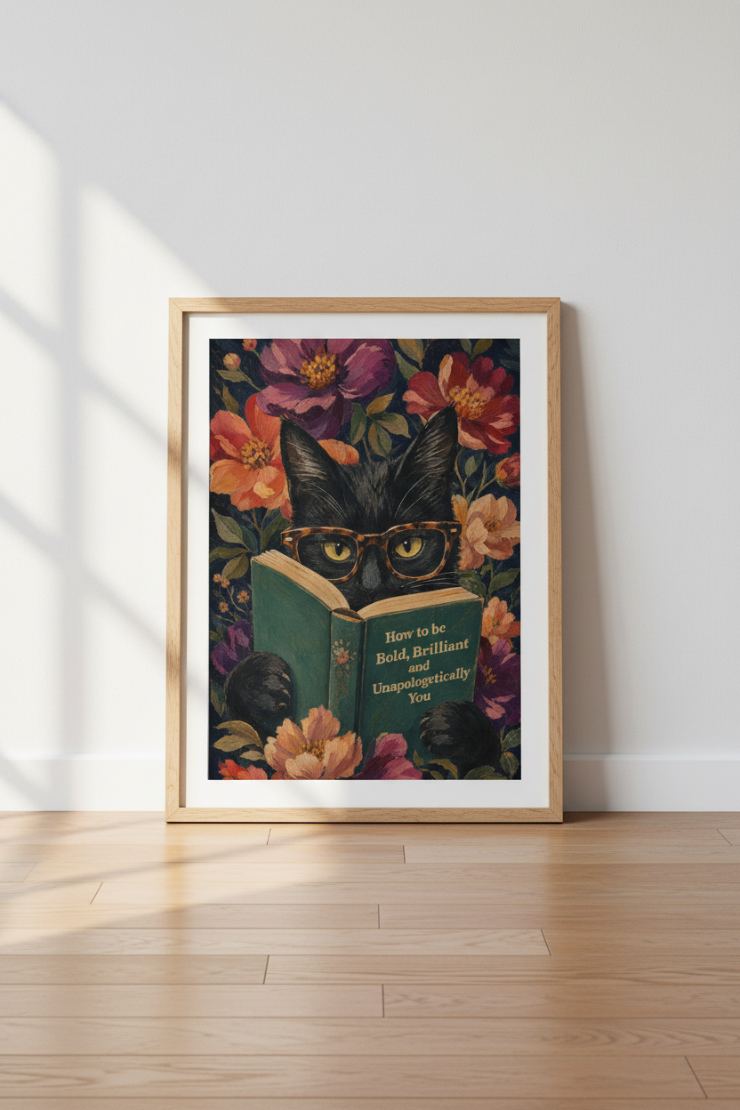 Black Cat Art Print | Moody Floral Dark Academia, Reading Room Decor