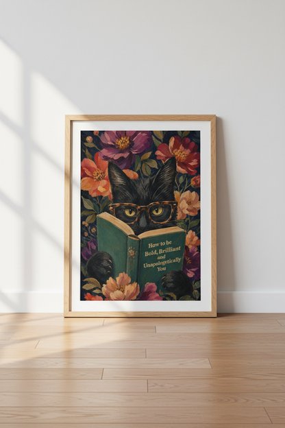 Black Cat Art Print | Moody Floral Dark Academia, Reading Room Decor