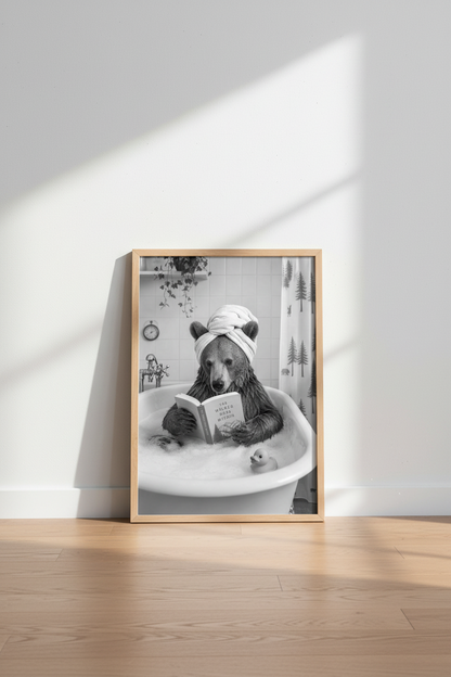 Bear in Bathtub Wall Art | Funny Black &amp; White Animal Poster, Bathroom Decor