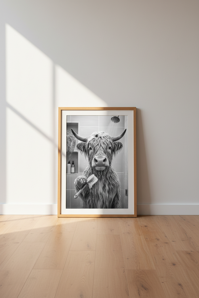 Highland Cow in Shower Wall Art | Funny Bathroom Decor | Black and White Poster