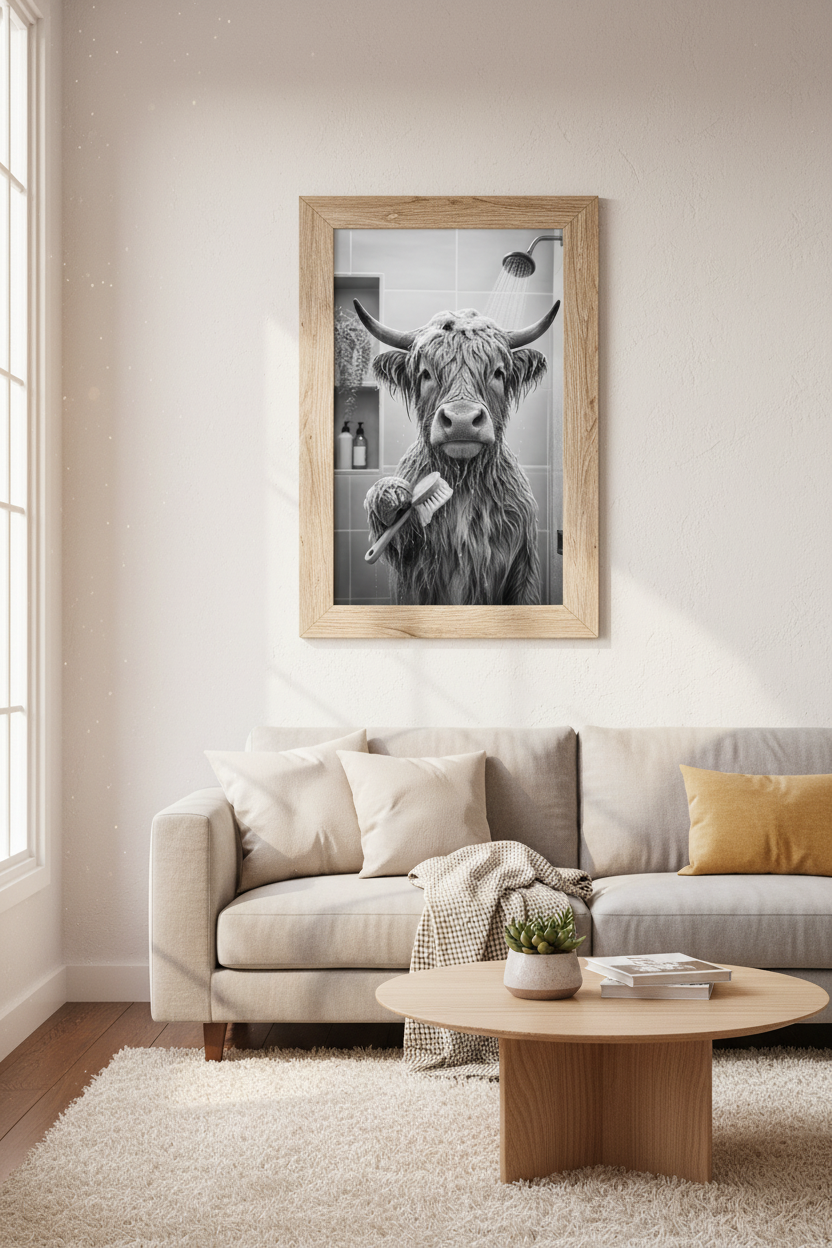 Highland Cow in Shower Wall Art | Funny Bathroom Decor | Black and White Poster